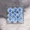 box of 9 pale blue roses that lasts a year.